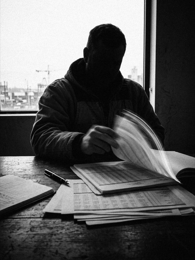 A contractor reviewing ledger pages at a desk overlooking a city skyline with a construction crane, pen in hand, in black and white.