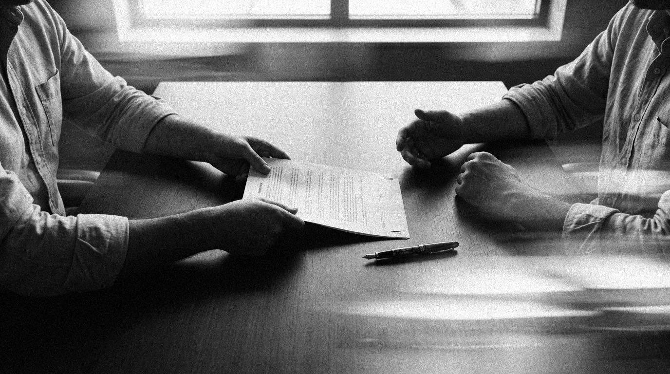 Two people's hands across a wooden table, one passing a paper agreement beside a fountain pen, in black and white.