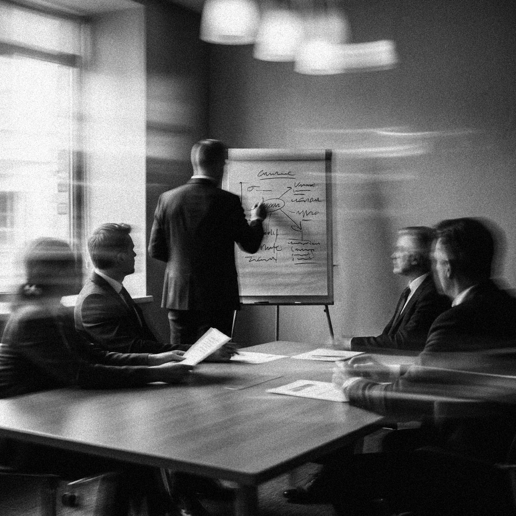 A group of managers in a meeting room watching one of them write on a flip chart, in black and white.