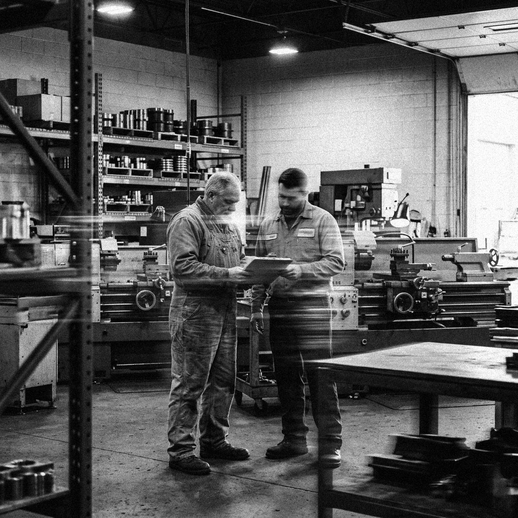 Two people reviewing a clipboard together on a manufacturing shop floor, in black and white.