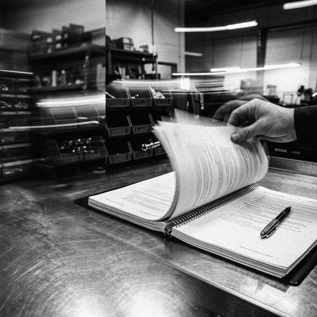 A hand turning a page in a written procedures binder open on a shop workbench.